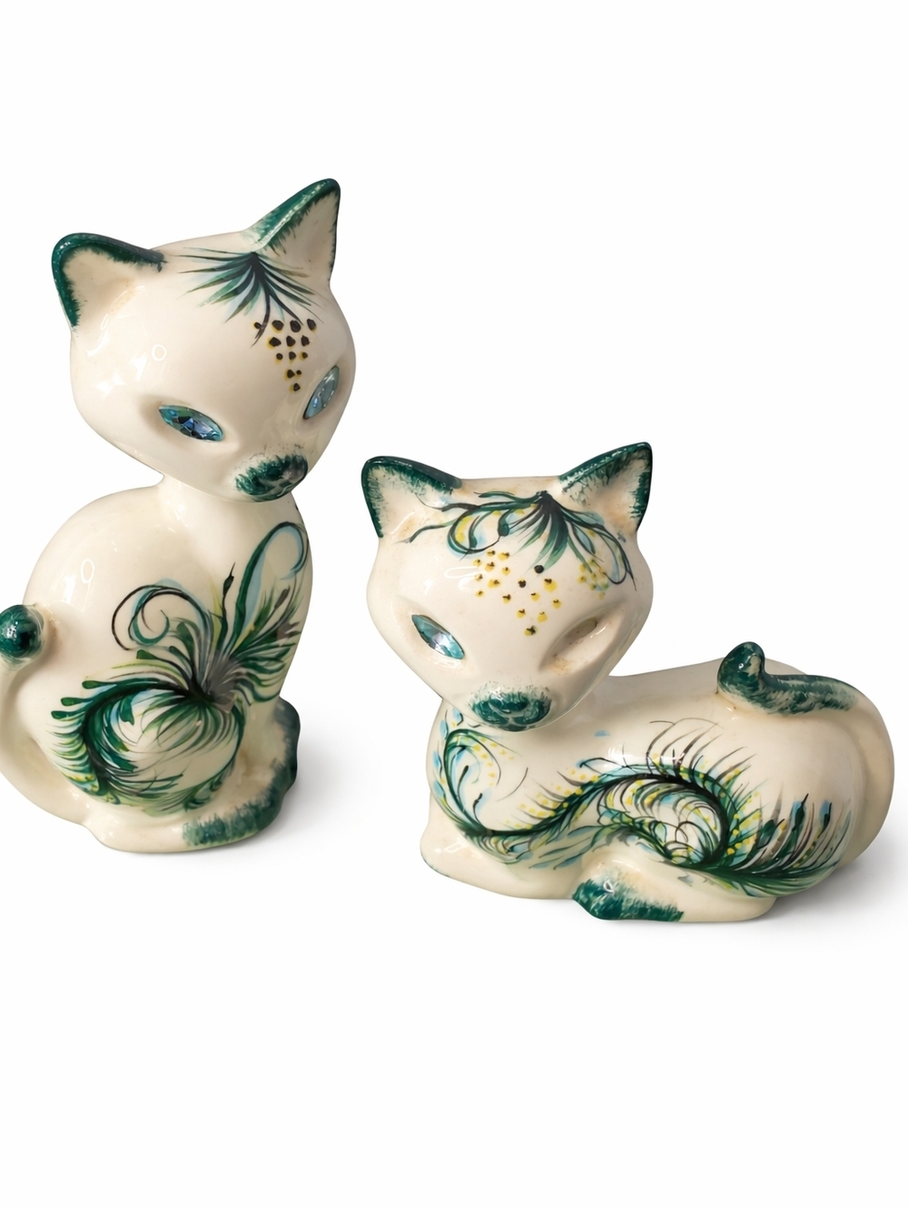 Ceramic Cat Figurines - Cream and Green Decorative Set
